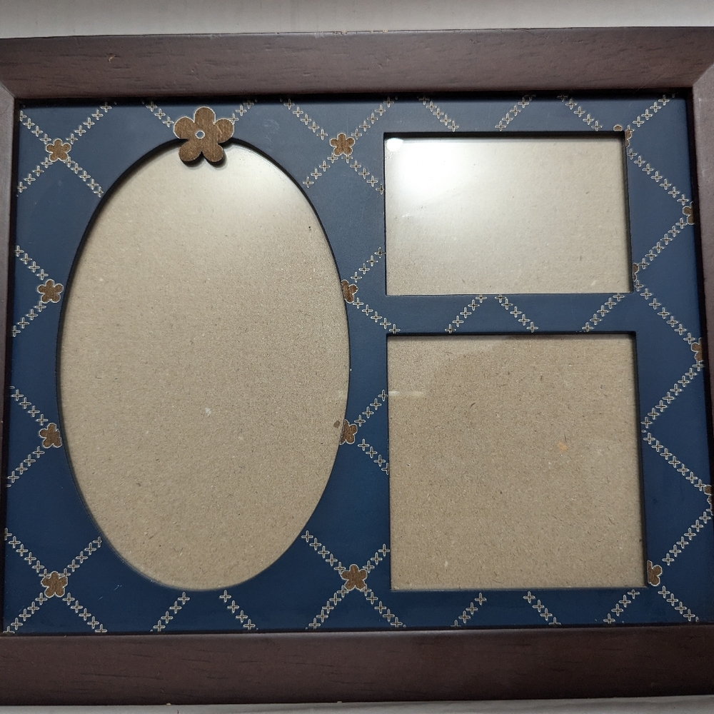 3 photo frame various size wood country brown blue dainty flower‎ hang Thailand